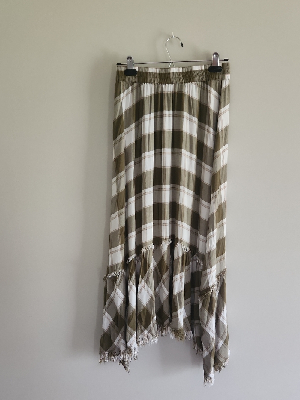 Cato Olive and White Plaid Handkerchief Frayed Fringe Hem Skirt